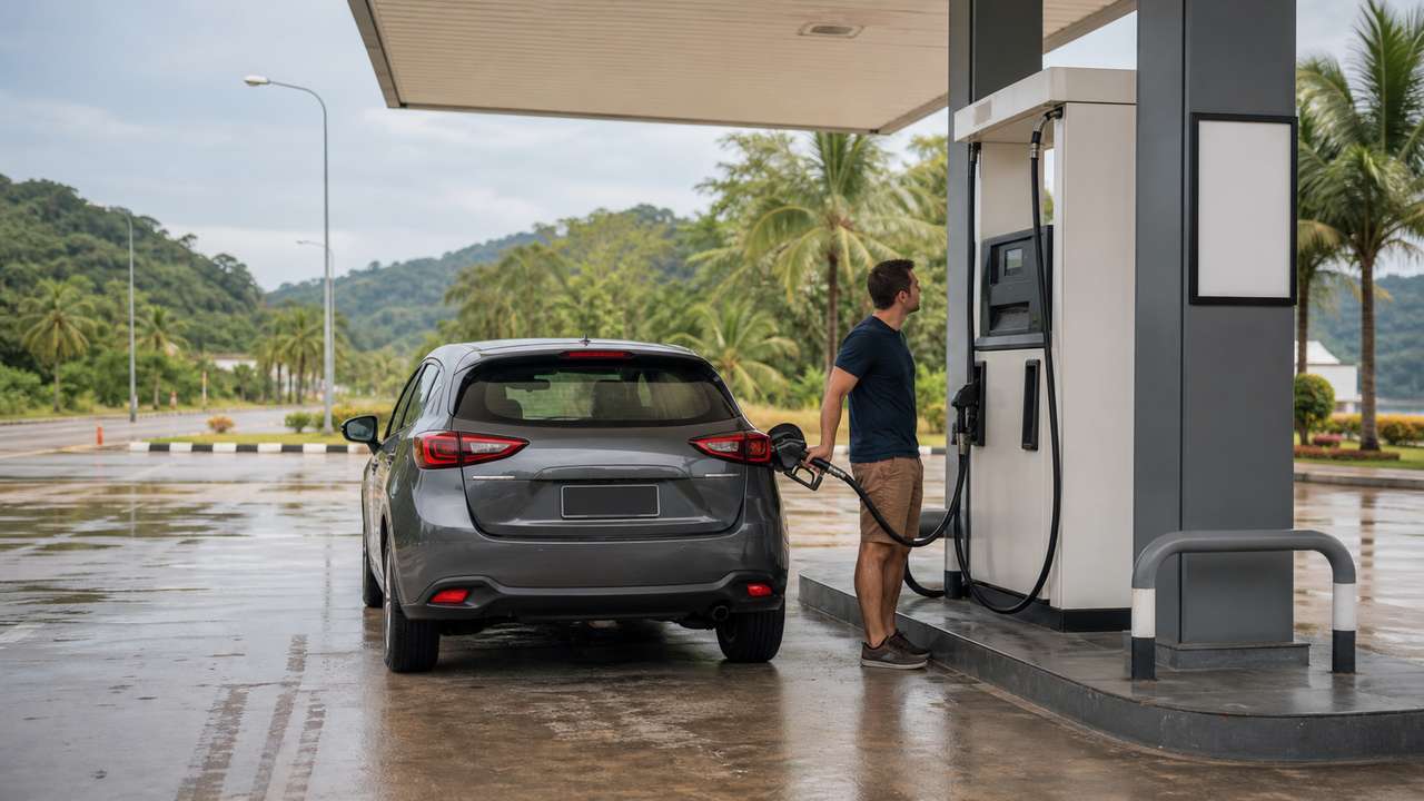 Mietwagen beim Tanken an einer Selbstbedienungsstation in Malaysia