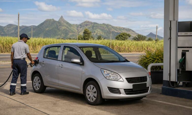 Tankwart betankt einen Mietwagen auf Mauritius
