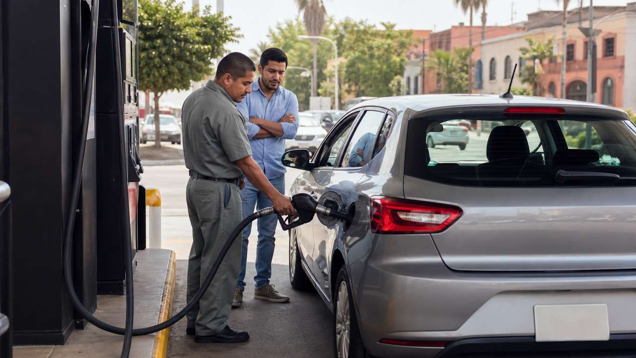 Tanken in Mexiko: Tankwart betankt einen Mietwagen an einer unbeschrifteten Stadtstation