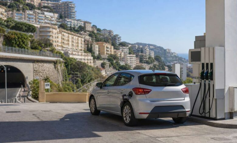 Kleinwagen beim Tanken an einer Stadttankstelle in Monaco
