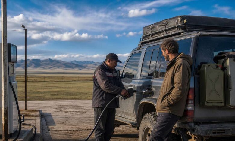 Geländewagen beim Tanken in der mongolischen Steppe