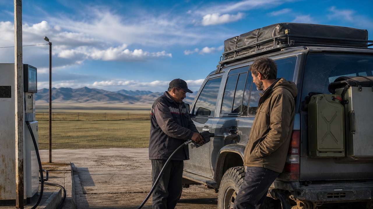 Geländewagen beim Tanken in der mongolischen Steppe