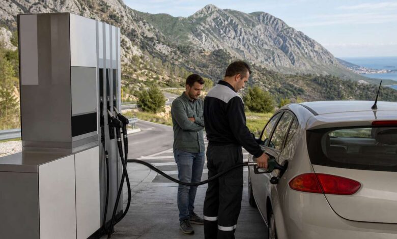 Tanken in Montenegro: Tankwart betankt ein Auto vor einer Berg- und Küstenkulisse