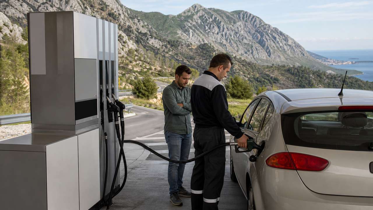 Tanken in Montenegro: Tankwart betankt ein Auto vor einer Berg- und Küstenkulisse