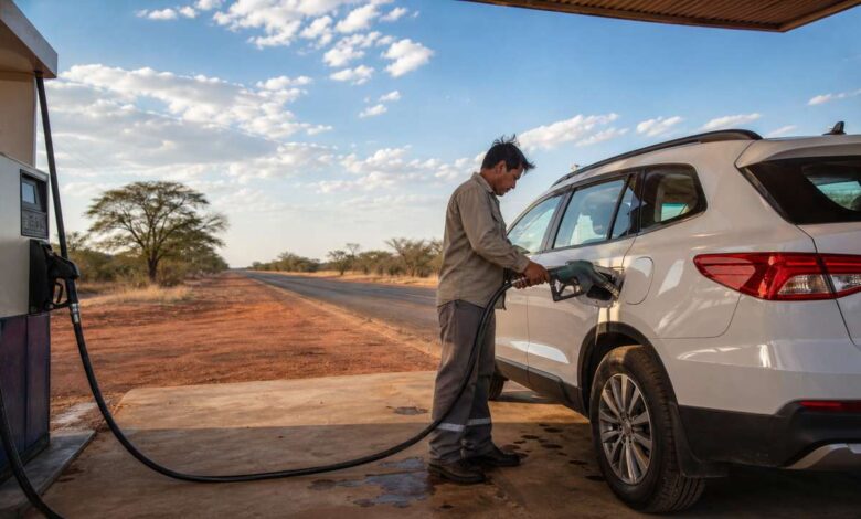 Tanken in Paraguay: Tankwart betankt einen Mietwagen am Gran Chaco