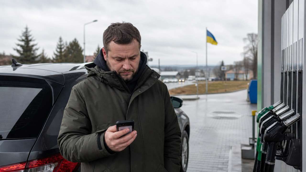 Autofahrer prüft an einer Tankstelle in der Ukraine aktuelle Warnhinweise