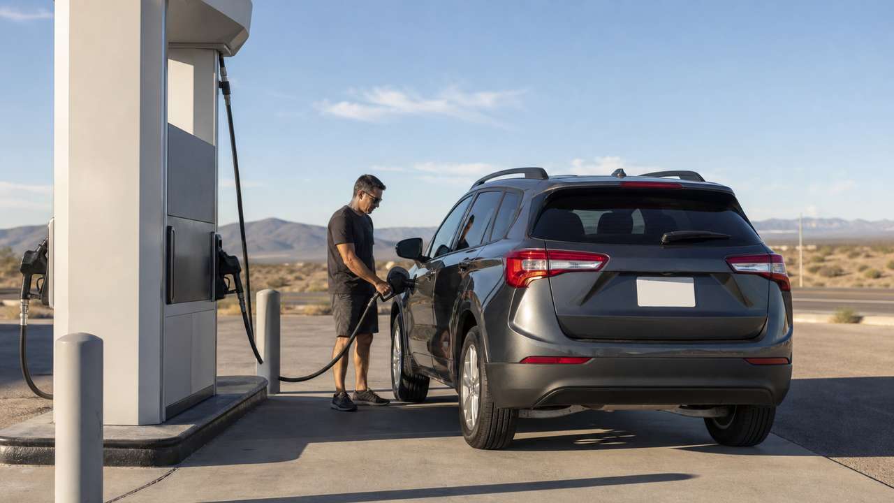 Reisender tankt einen Mietwagen an einer Tankstelle in den USA