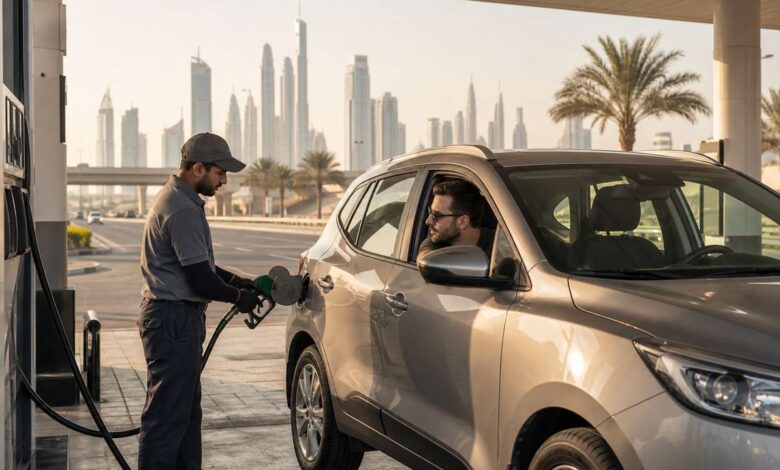 Tanken in den VAE: Tankwart betankt einen Mietwagen in Dubai