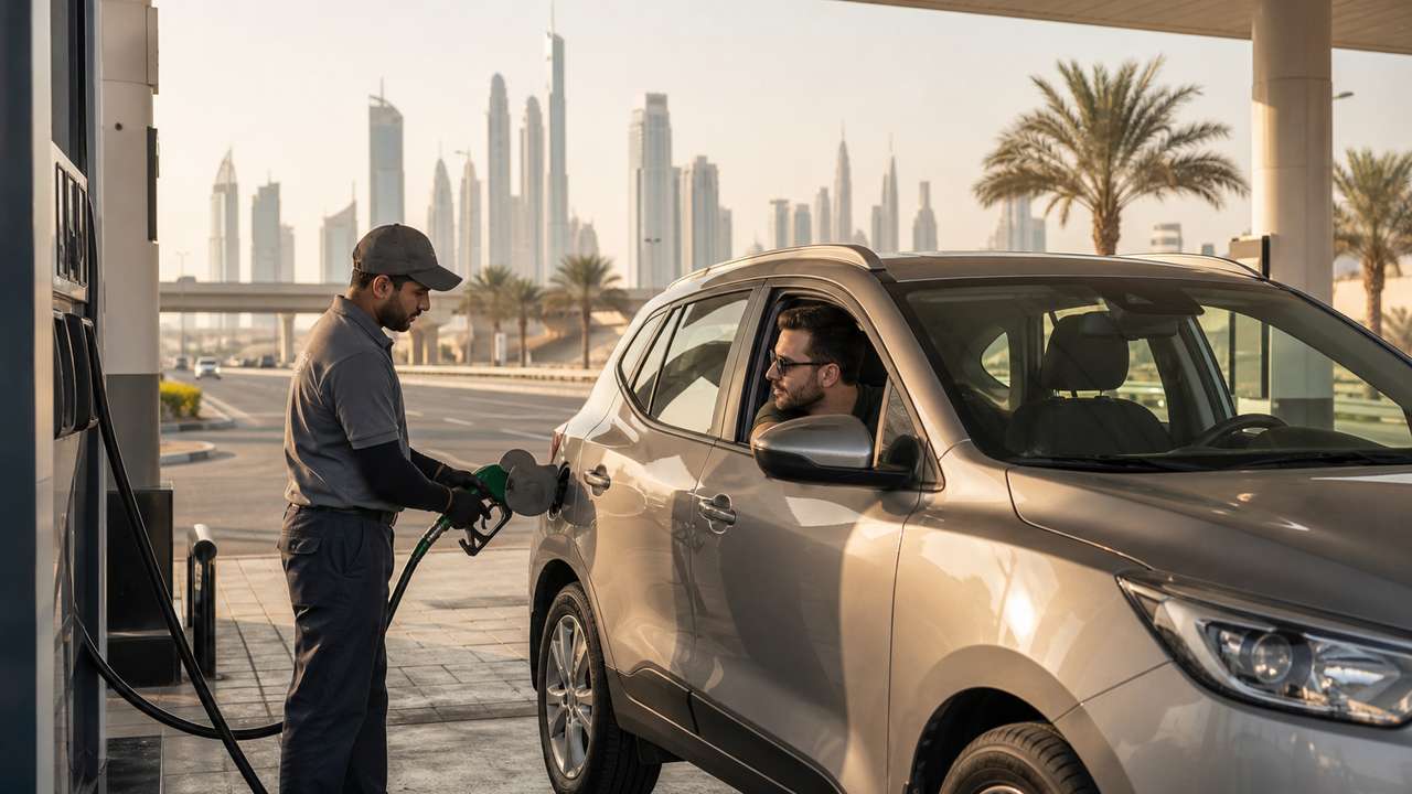 Tanken in den VAE: Tankwart betankt einen Mietwagen in Dubai
