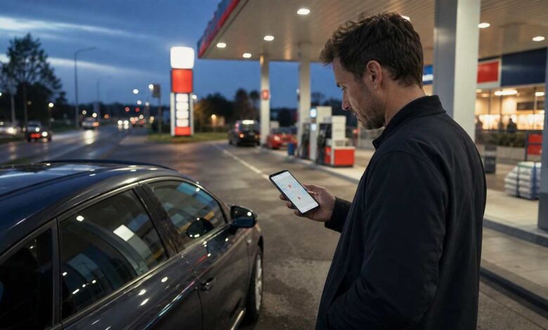 Autofahrer vergleicht aktuelle Spritpreise in der Nähe mit dem Smartphone