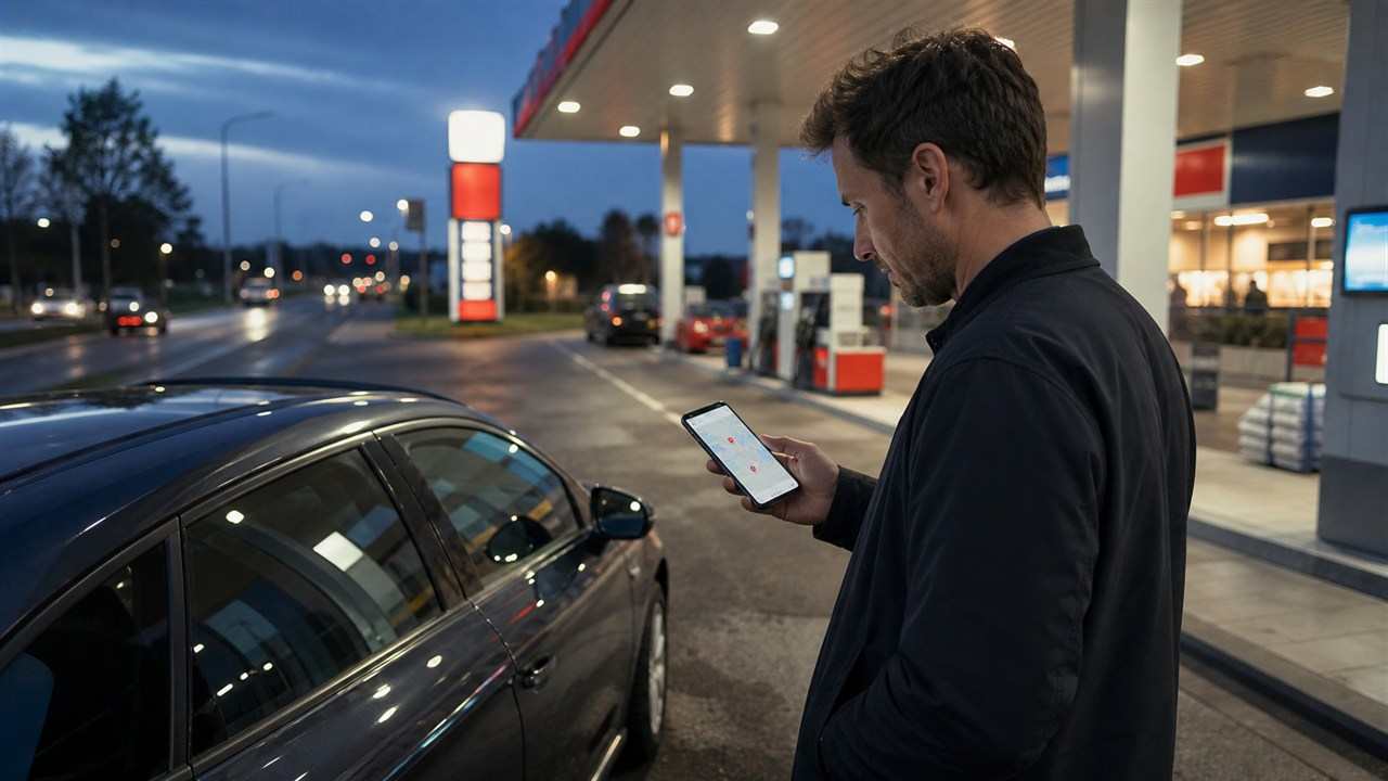 Autofahrer vergleicht aktuelle Spritpreise in der Nähe mit dem Smartphone