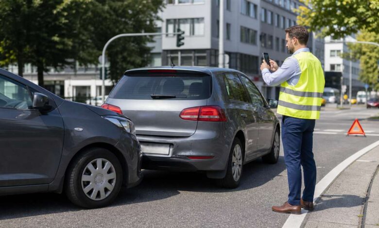 Mitarbeiter dokumentiert einen Unfall mit dem Dienstwagen an gesicherter Unfallstelle