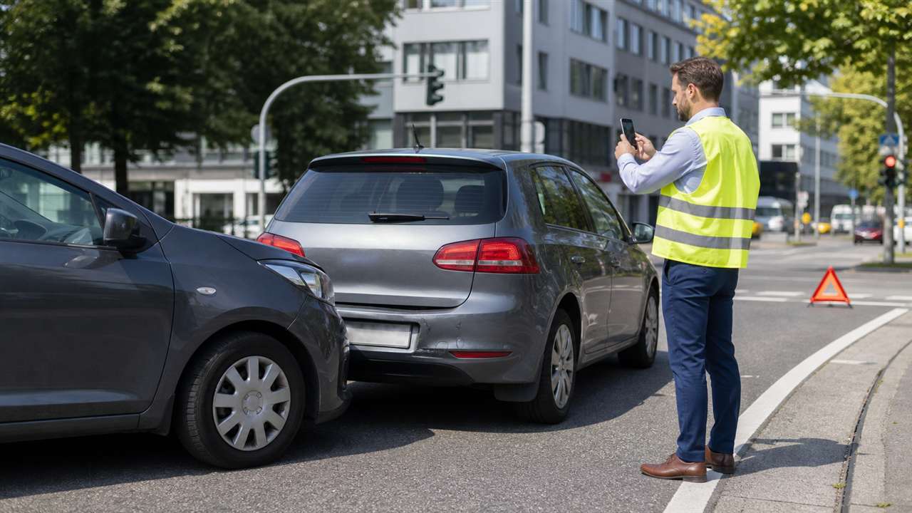 Mitarbeiter dokumentiert einen Unfall mit dem Dienstwagen an gesicherter Unfallstelle