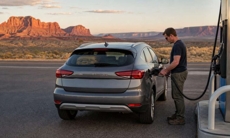 Mietwagen beim Tanken auf einem USA-Roadtrip