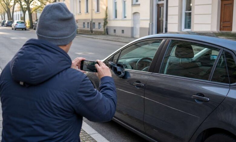 Autofahrer fotografiert Kratzer und beschädigten Spiegel am geparkten Auto