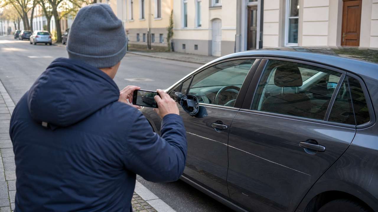 Autofahrer fotografiert Kratzer und beschädigten Spiegel am geparkten Auto