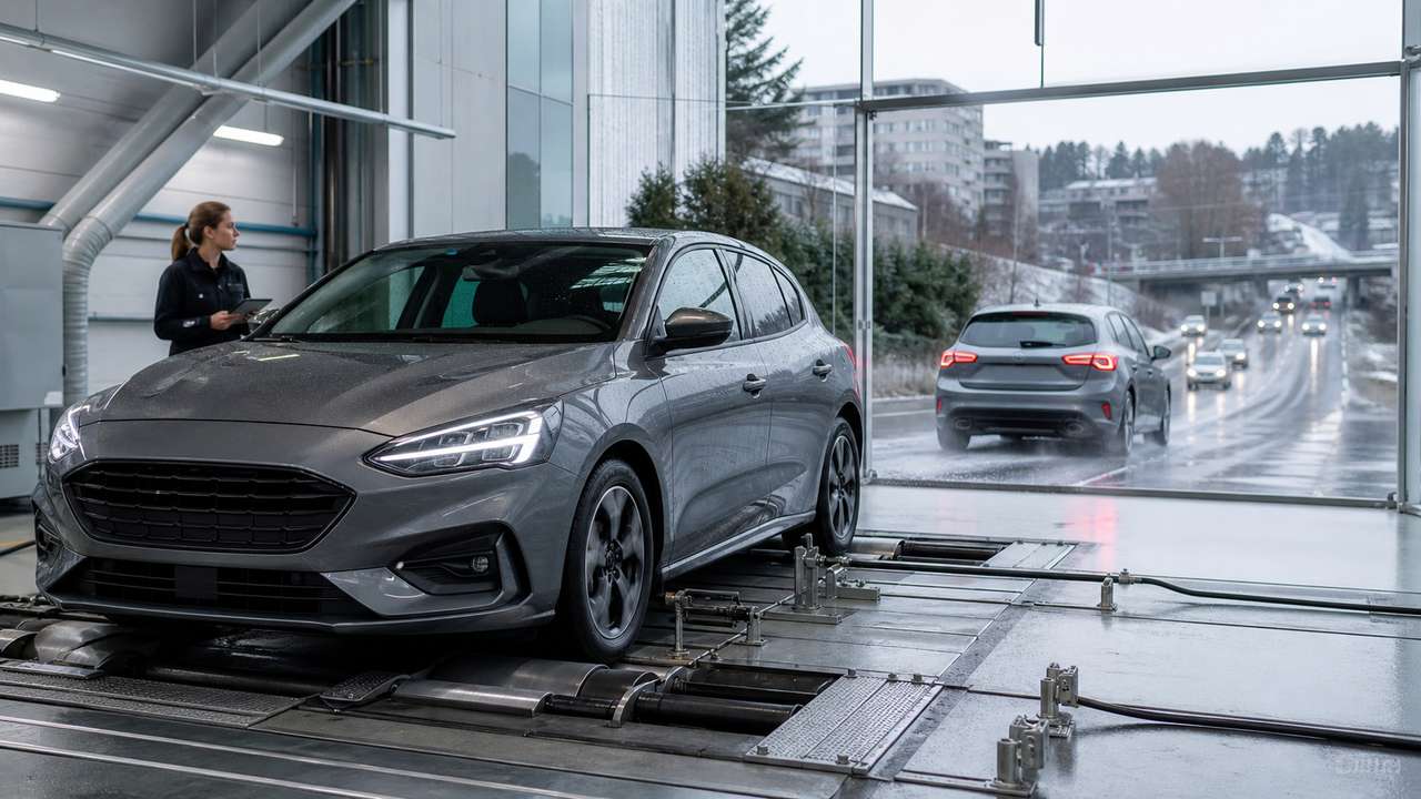 Auto auf WLTP-Rollenprüfstand vor einer nassen Straße im Realverkehr
