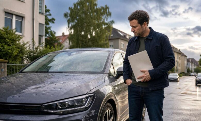 Autobesitzer prüft Hageldellen und Parkschaden an seinem Fahrzeug