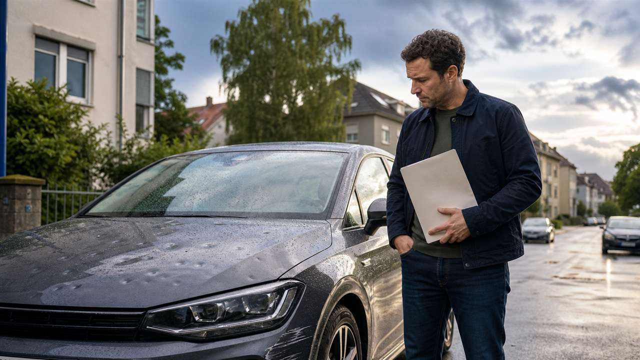 Autobesitzer prüft Hageldellen und Parkschaden an seinem Fahrzeug