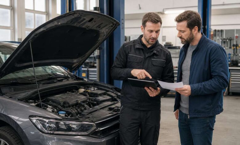 Mechaniker und Autobesitzer besprechen Diagnose und Werkstattauftrag