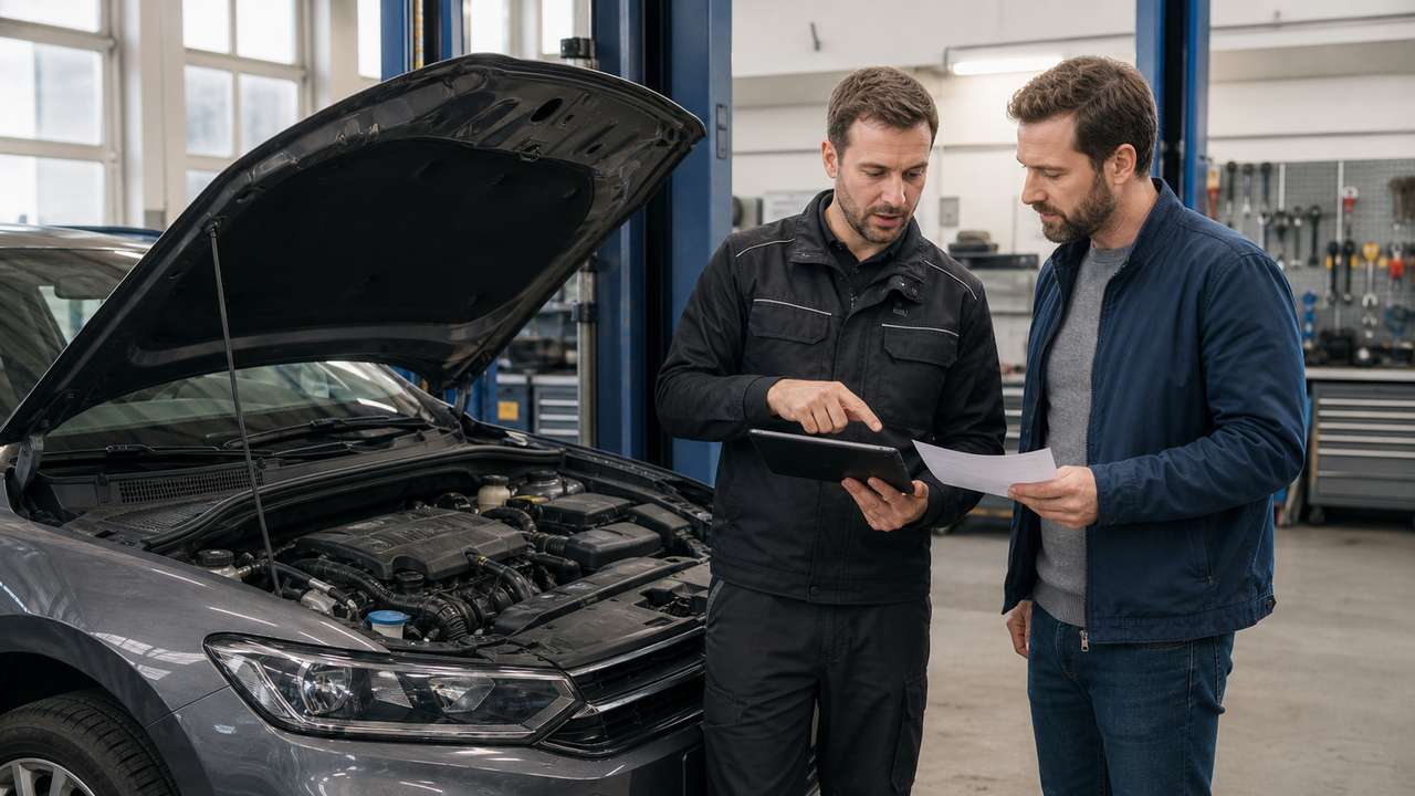 Mechaniker und Autobesitzer besprechen Diagnose und Werkstattauftrag