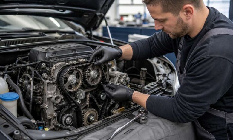 Mechaniker montiert einen Zahnriemen im geöffneten Motorraum