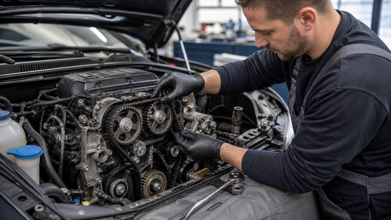 Mechaniker montiert einen Zahnriemen im geöffneten Motorraum