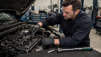 Mechaniker wechselt Zündkerzen mit passendem Werkzeug am Ottomotor