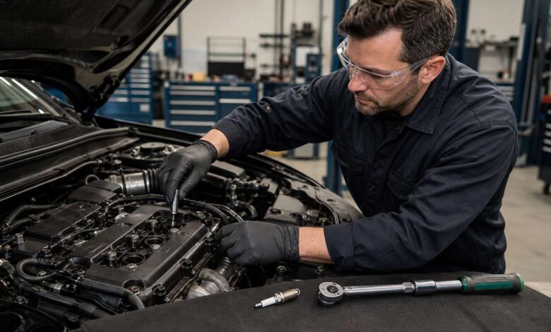 Mechaniker wechselt Zündkerzen mit passendem Werkzeug am Ottomotor