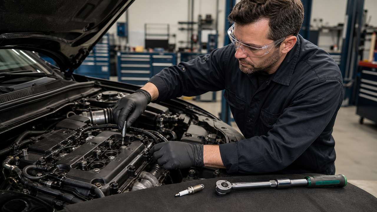 Mechaniker wechselt Zündkerzen mit passendem Werkzeug am Ottomotor