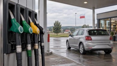 Zapfpistolen und silberner Pkw an einer Tankstelle mit polnischer Flagge – KI-Symbolbild