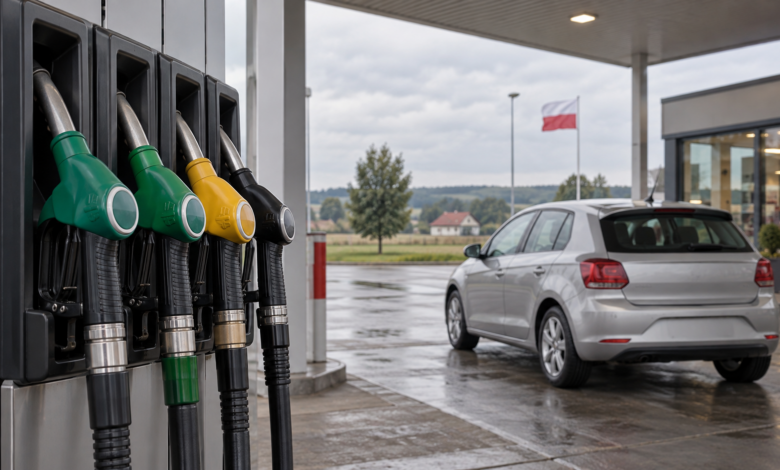 Zapfpistolen und silberner Pkw an einer Tankstelle mit polnischer Flagge – KI-Symbolbild