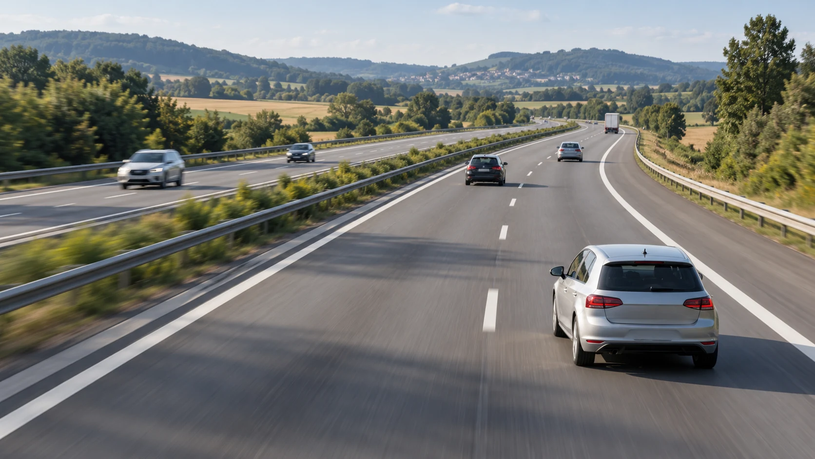 Kompaktwagen auf einer freien Autobahn mit großzügigem Abstand