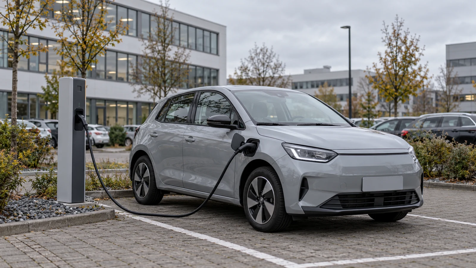 Elektrischer Firmenwagen lädt auf einem Büroparkplatz
