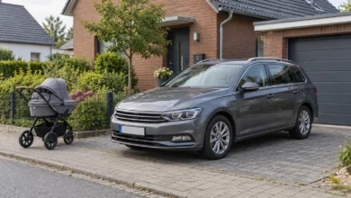 Familienkombi und Kinderwagen vor einem Wohnhaus