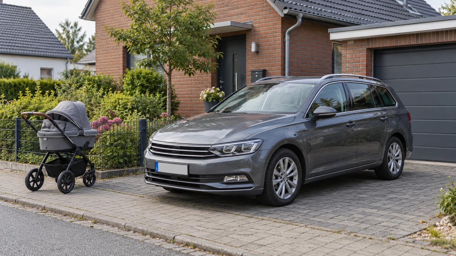 Familienkombi und Kinderwagen vor einem Wohnhaus