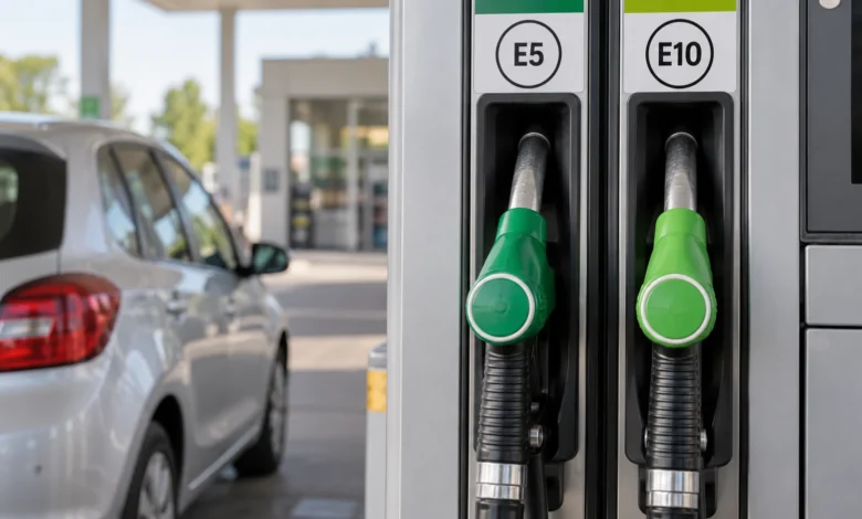 E5- und E10-Zapfpistolen an einer beispielhaften Tankstelle