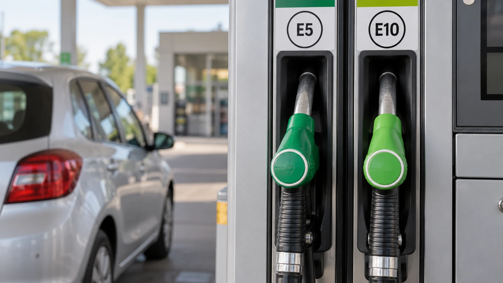 E5- und E10-Zapfpistolen an einer beispielhaften Tankstelle