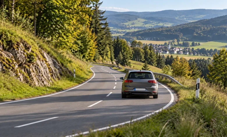 Kompaktwagen auf einer übersichtlichen Gefällestrecke