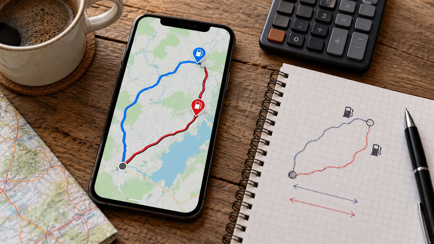Smartphone mit symbolischer Routenkarte neben Rechner und Notizbuch