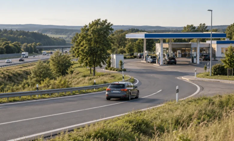 Beispielhafte Straßentankstelle nahe einer Autobahn