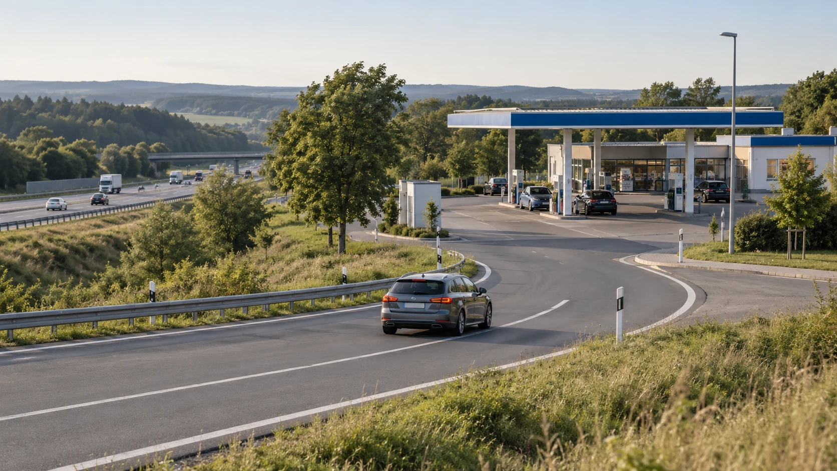 Beispielhafte Straßentankstelle nahe einer Autobahn