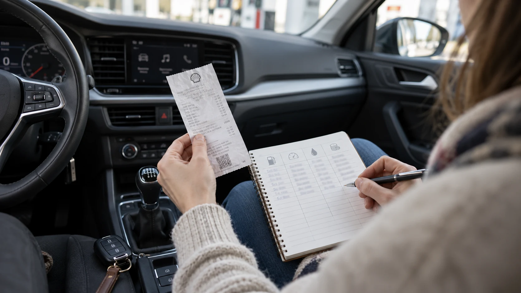 Tankbeleg und Notizbuch im geparkten Auto
